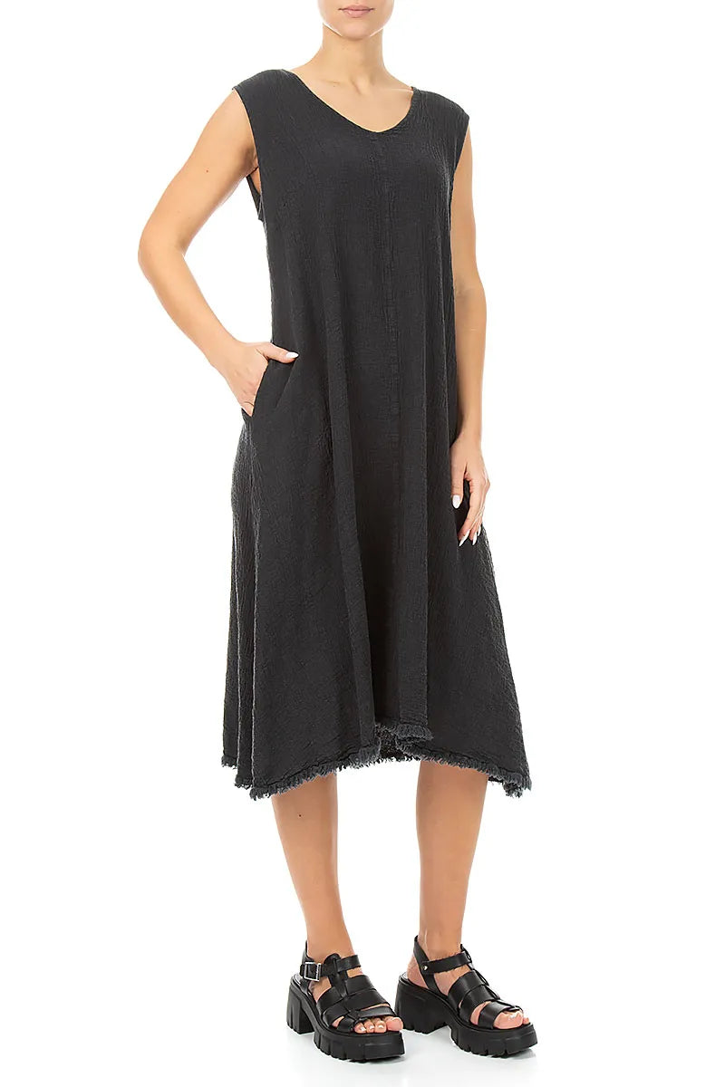 Frayed Hem Graphite Linen Viscose Dress 3