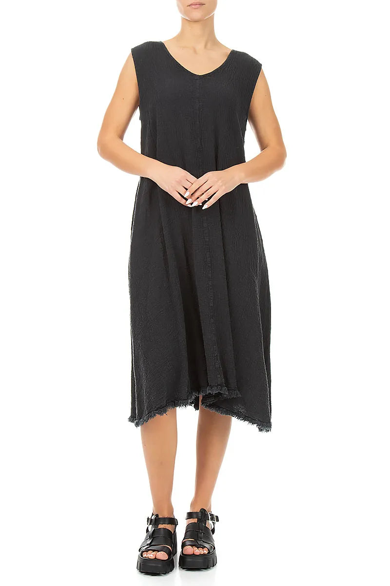 Frayed Hem Graphite Linen Viscose Dress 4