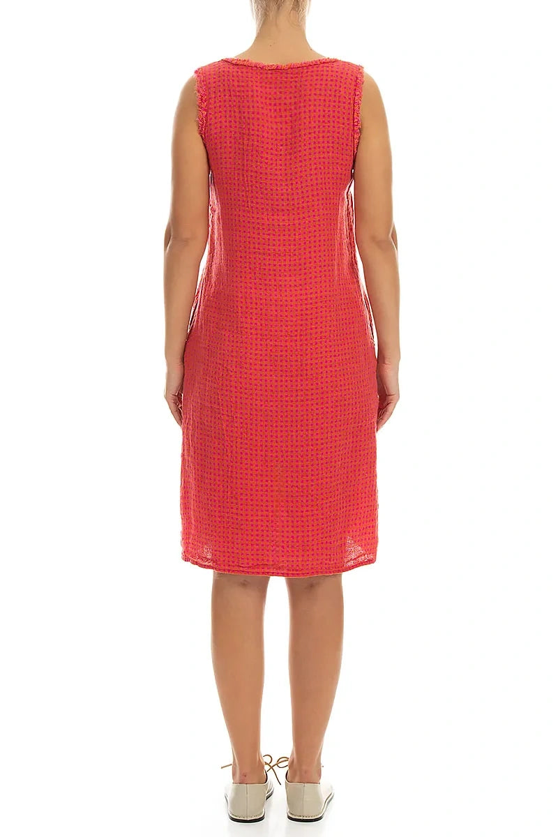 Frayed Neckline Sleeveless Pink Orange Check Linen Dress 2