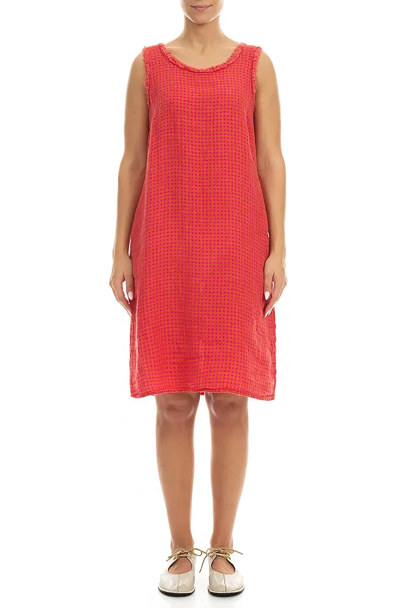 Frayed Neckline Sleeveless Pink Orange Check Linen Dress 1