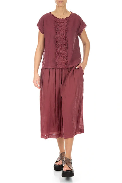 Front Ruffle Antique Ruby Linen Blouse 4