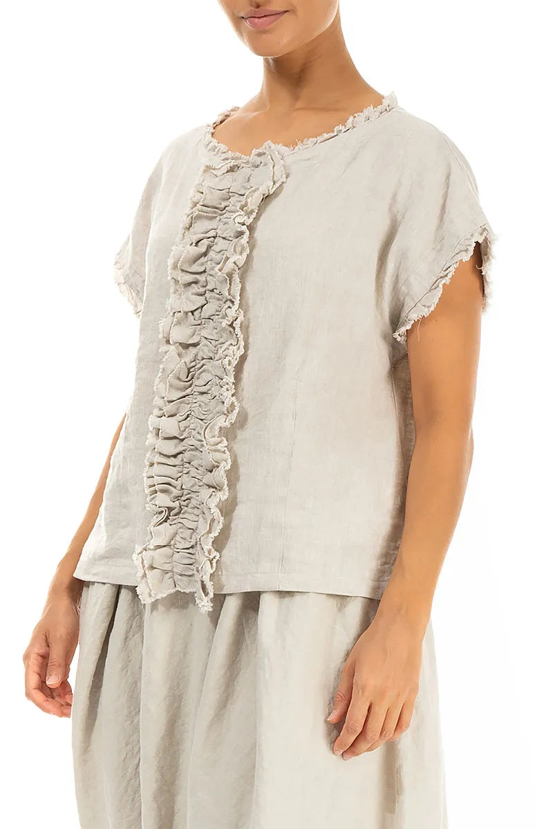 Front Ruffle Natural Linen Blouse 3
