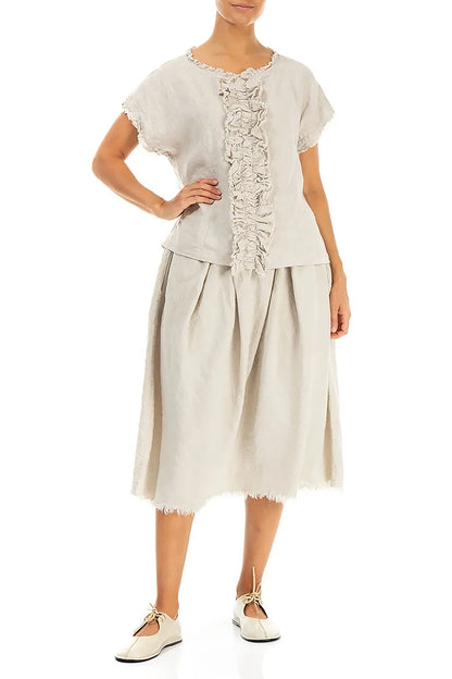 Front Ruffle Natural Linen Blouse 4