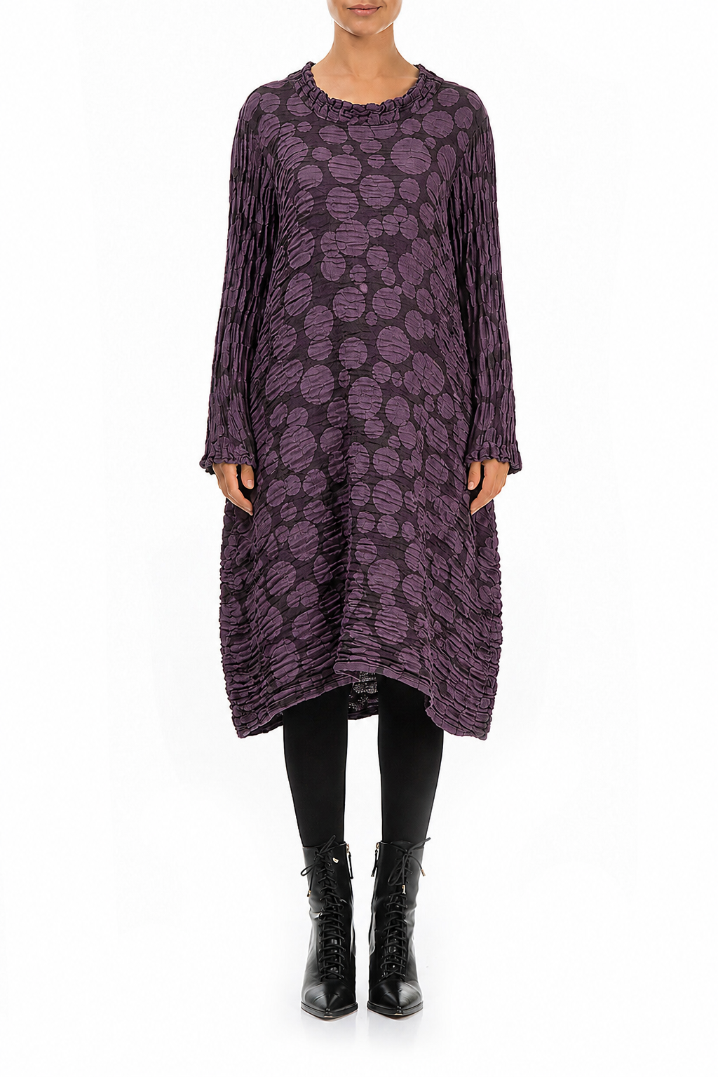 Gathered Neck Deep Plum Circle Silk Linen Dress