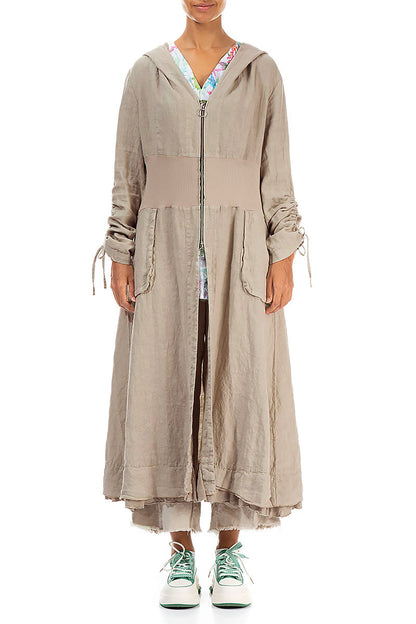 Hooded Gathered Sleeves Beige Linen Jacket 2