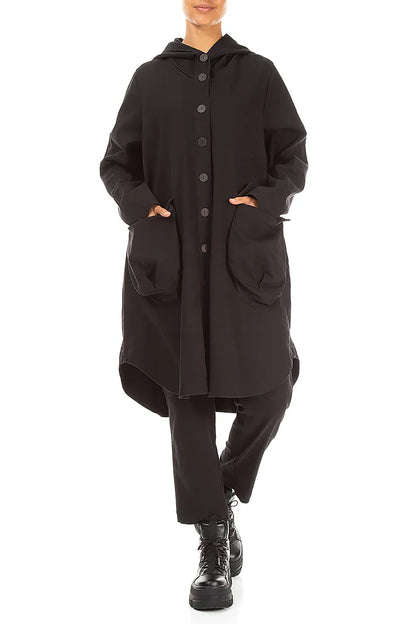 Hooded Black Stretch Cotton Coat