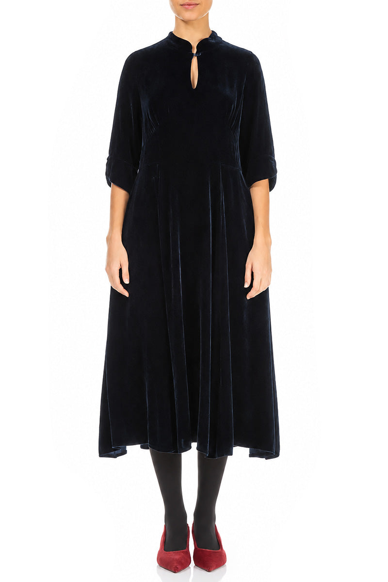 Keyhole Neck Slate Blue Silk Velvet Dress 2