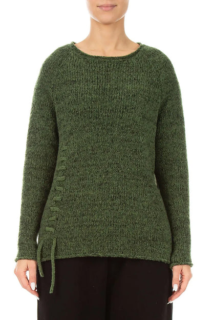Lace-Up Dark Sage Wool Sweater 1