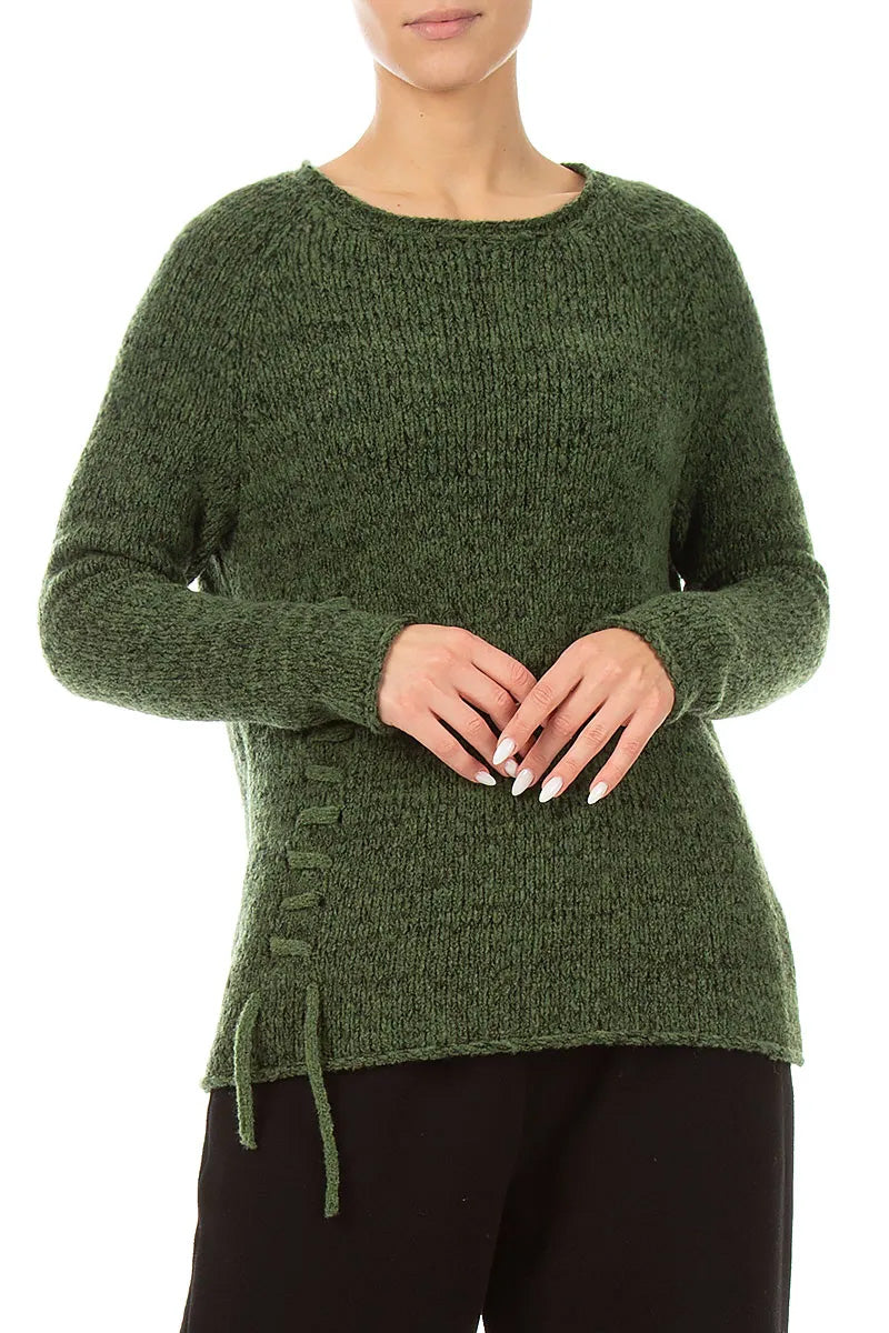 Lace-Up Dark Sage Wool Sweater 3