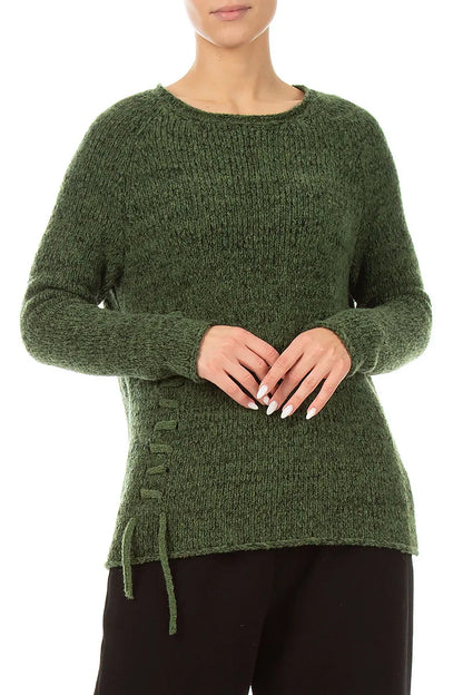 Lace-Up Dark Sage Wool Sweater 3