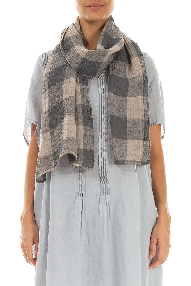 Large Check Beige Gauze Linen Scarf 1