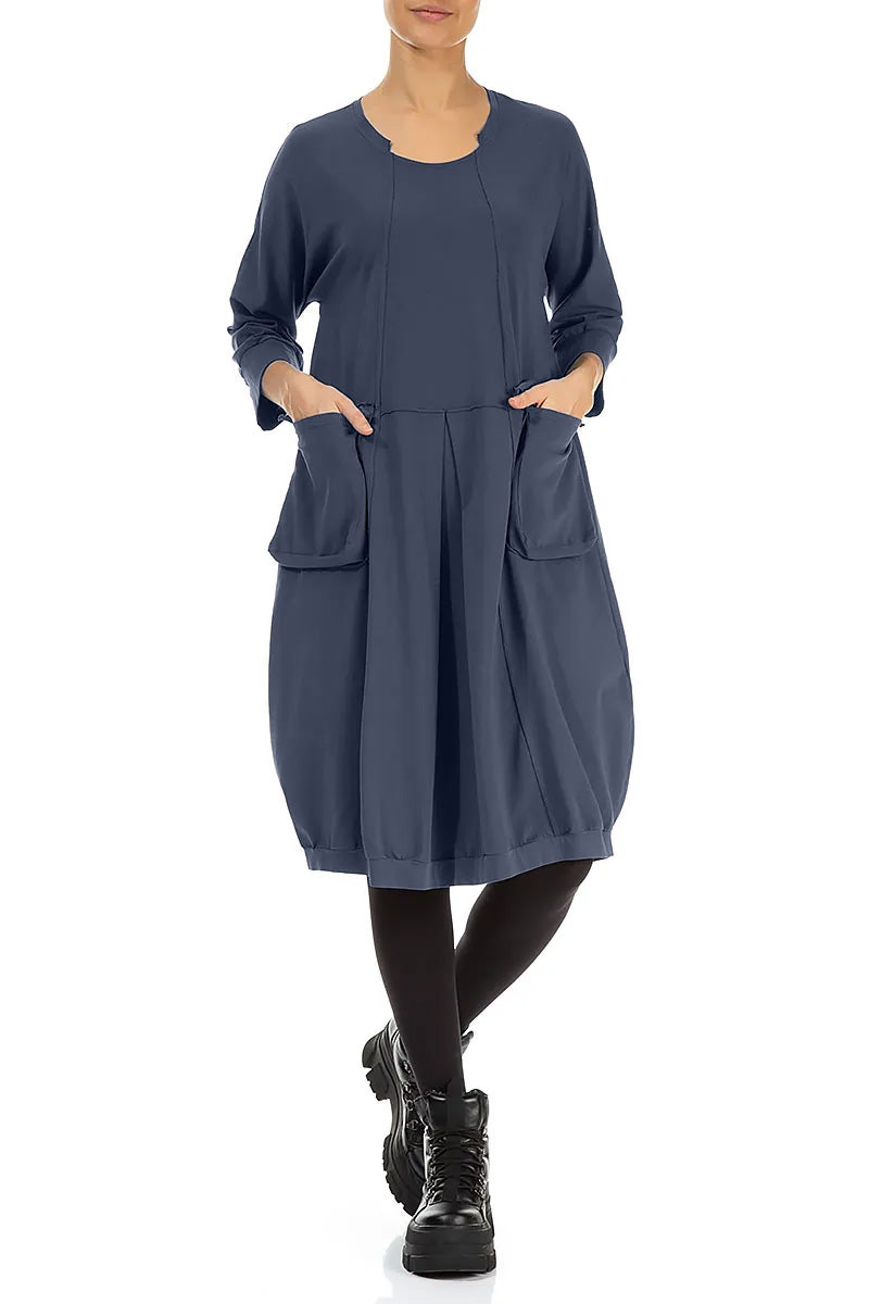 Large Pockets Slate Blue Cotton Dress 4