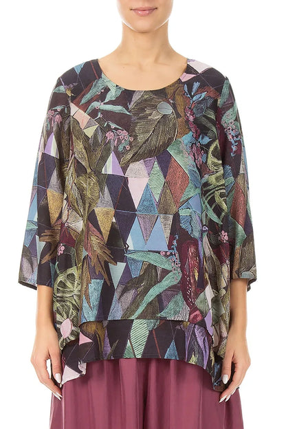 Layered 3/4 Sleeves Art Mosaic Silk Bamboo Blouse 1