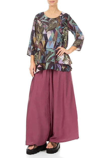 Layered 3/4 Sleeves Art Mosaic Silk Bamboo Blouse 4