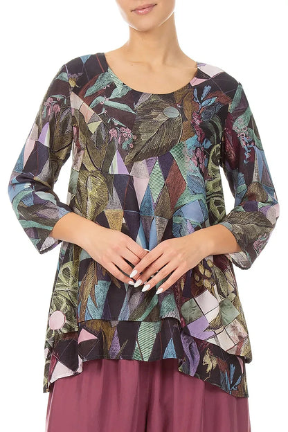 Layered 3/4 Sleeves Art Mosaic Silk Bamboo Blouse 3