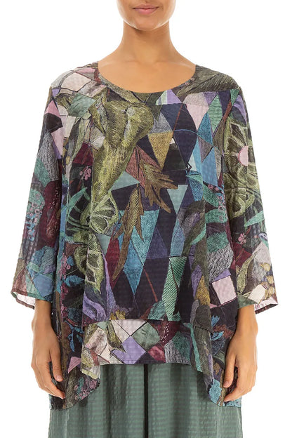 Layered 3/4 Sleeves Art Mosaic Textured Silk Blouse 1