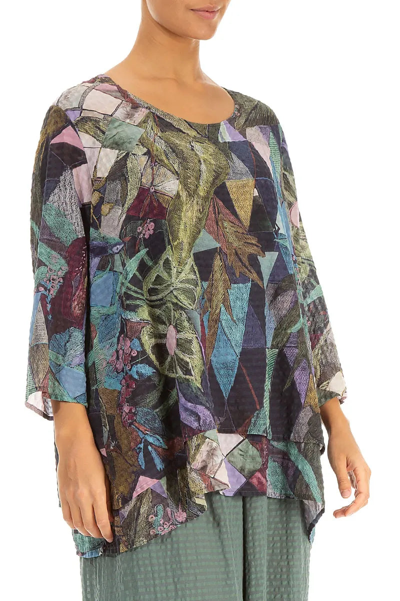Layered 3/4 Sleeves Art Mosaic Textured Silk Blouse 3