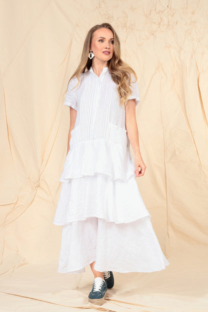 Layered Ruffles White Linen Dress 7