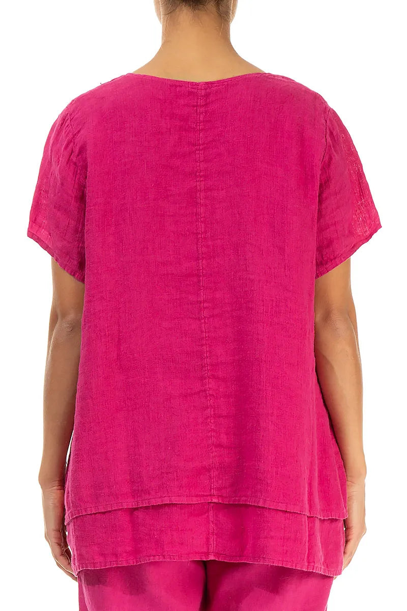 Layered Short Sleeves Fuchsia Gauze Linen Blouse 2
