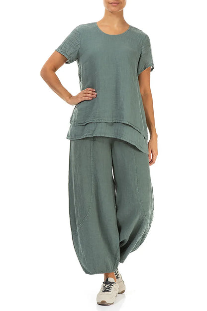 Layered Short Sleeves Sage Gauze Linen Blouse 4