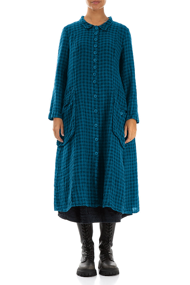 Long Buttonline Blue Check Linen Jacket 1