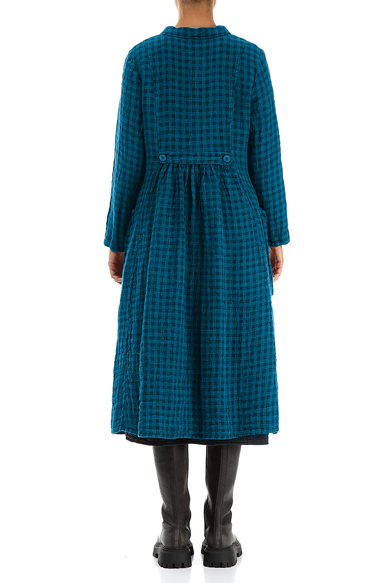 Long Buttonline Blue Check Linen Jacket 2