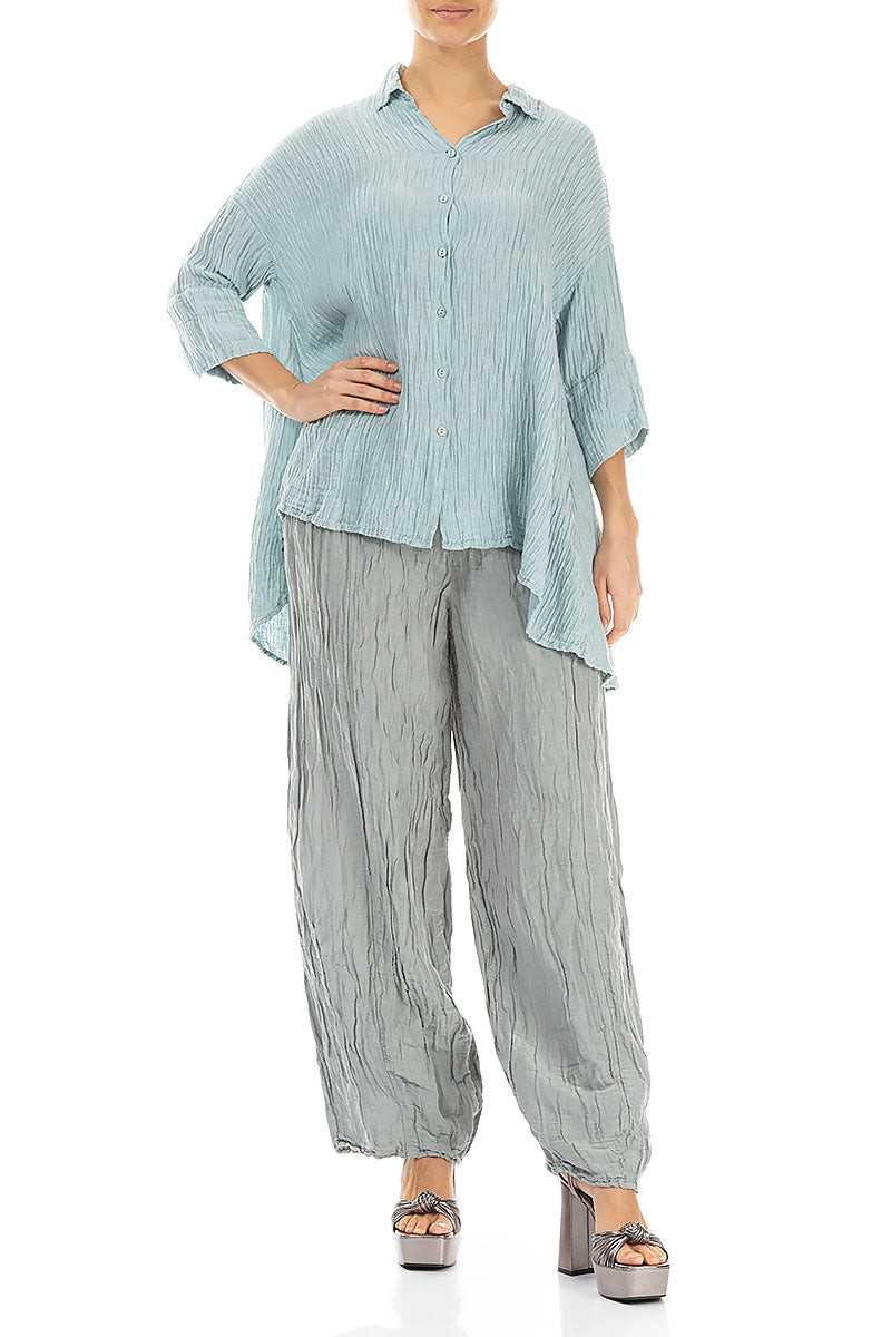 Long Crinkled Light Grey Silk Linen Trousers 4