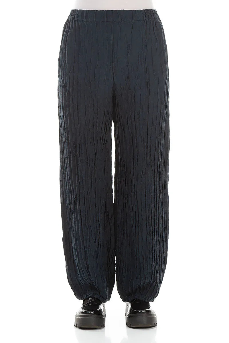 Long Dark Navy Crinkled Trousers 1