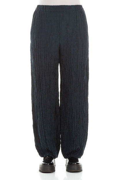 Long Dark Navy Crinkled Trousers 1
