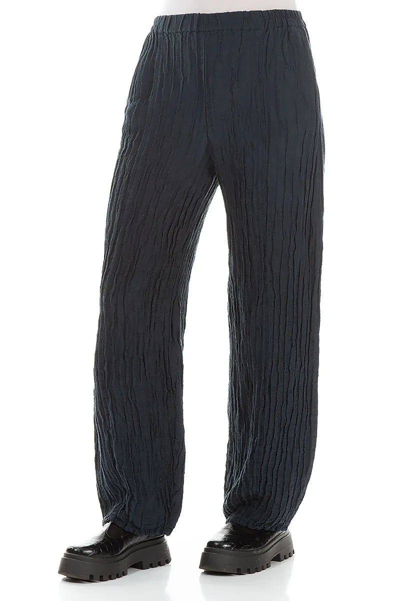 Long Dark Navy Crinkled Trousers 3