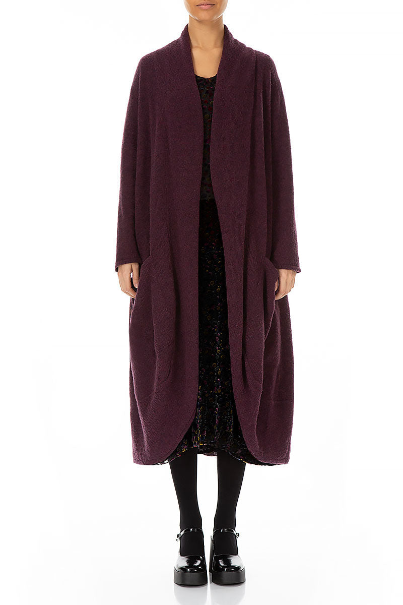 Long gilet ouvert en laine couleur mûre