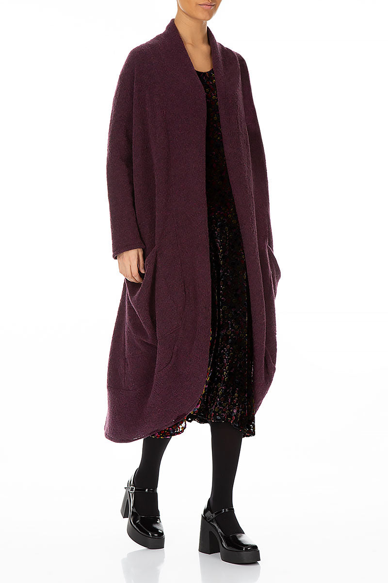 Long gilet ouvert en laine couleur mûre