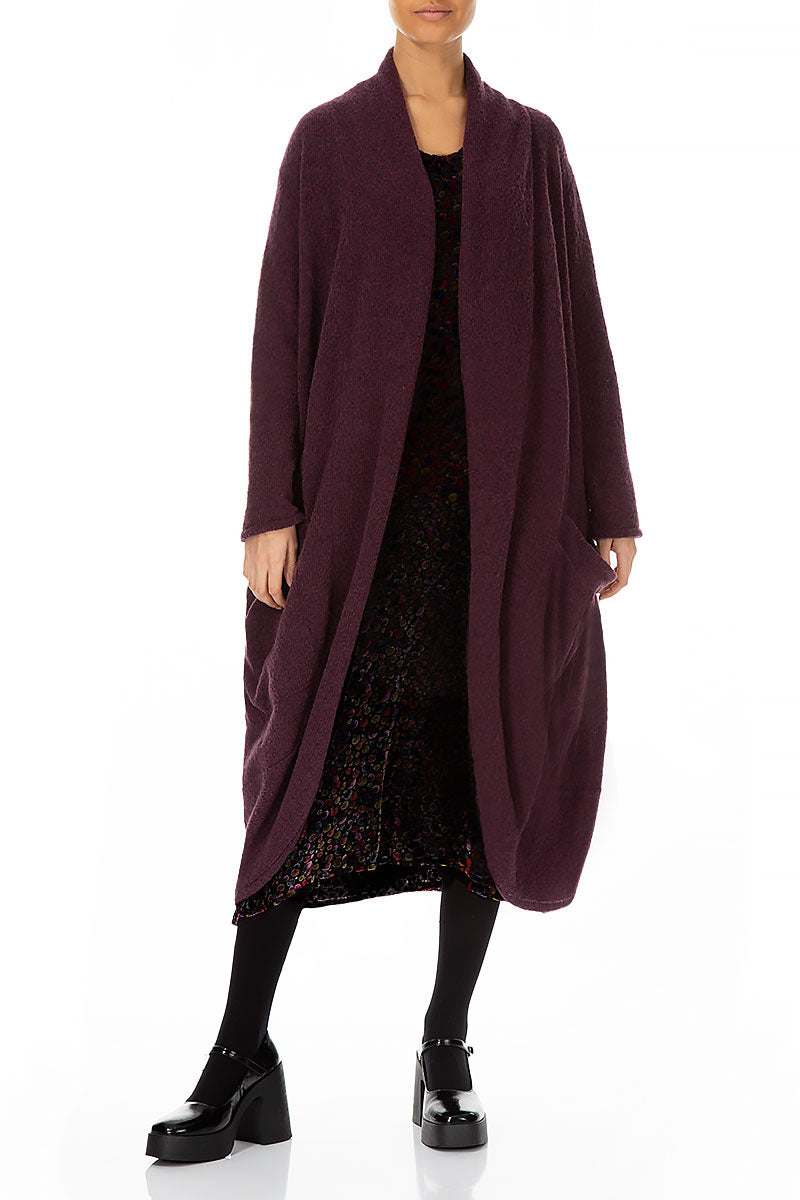 Long gilet ouvert en laine couleur mûre