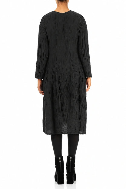 Long Sleeve Balloon Crinkled Black Silk Linen Dress 2