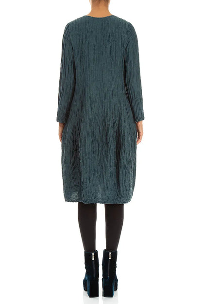 Long Sleeve Balloon Crinkled Deep Turquoise Silk Linen Dress