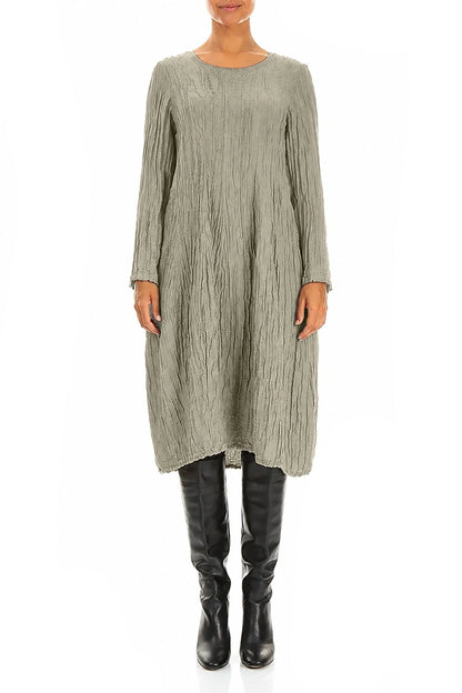 Long Sleeve Balloon Crinkled Olive Grey Silk Linen Dress 1