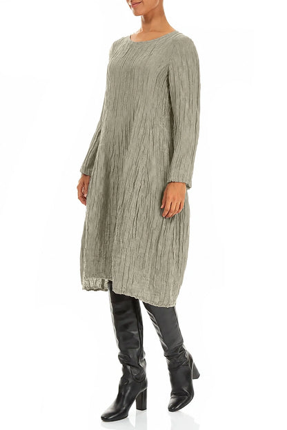 Long Sleeve Balloon Crinkled Olive Grey Silk Linen Dress 3