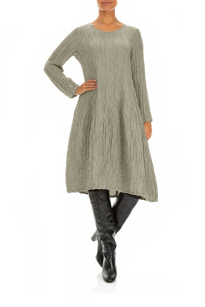 Long Sleeve Balloon Crinkled Olive Grey Silk Linen Dress 4