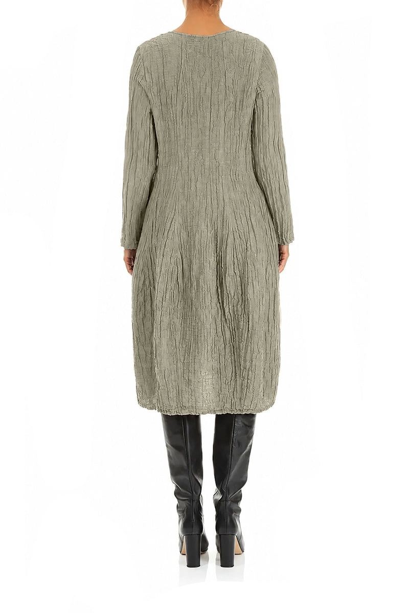Long Sleeve Balloon Crinkled Olive Grey Silk Linen Dress 2