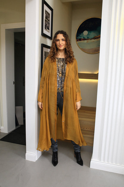 Long Yellow Ochre Silk Chiffon Jacket 6
