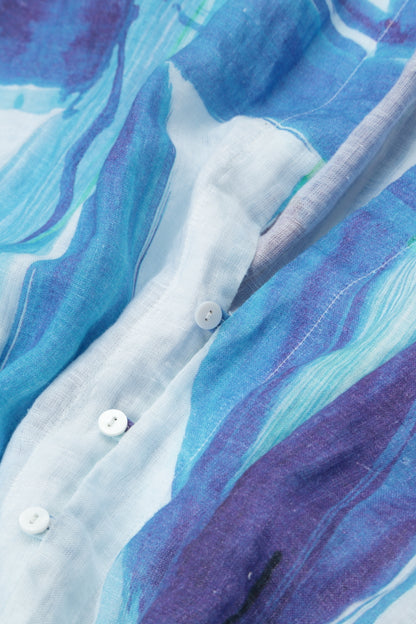 Longer Back Blue Brushstroke Linen Shirt 5