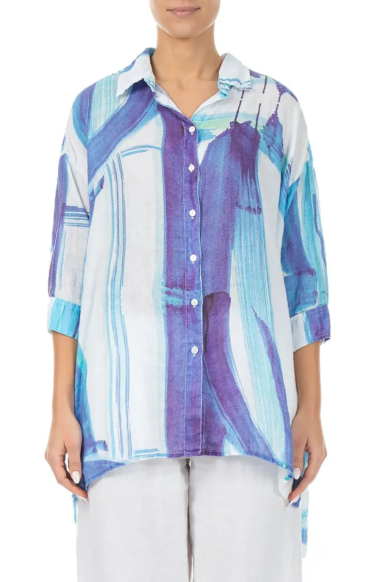 Longer Back Blue Brushstroke Linen Shirt 1