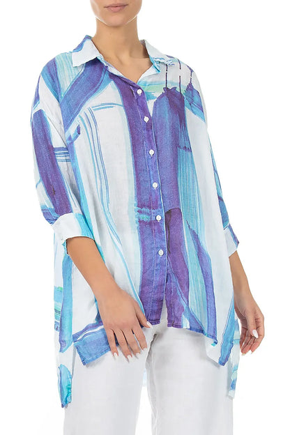 Longer Back Blue Brushstroke Linen Shirt 3