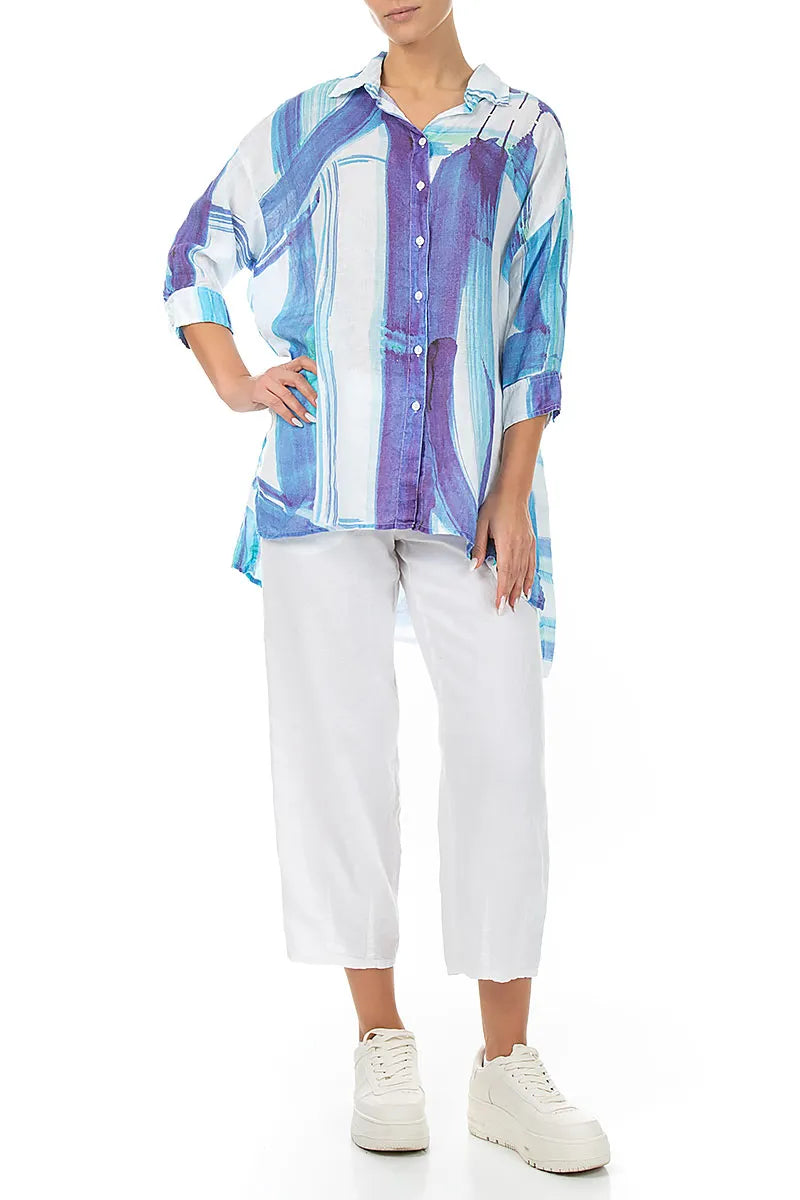 Longer Back Blue Brushstroke Linen Shirt 4