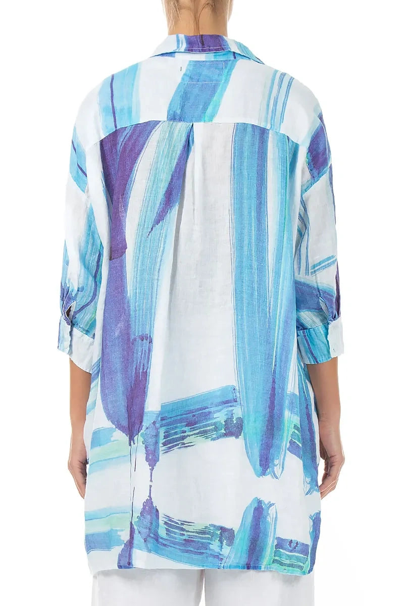 Longer Back Blue Brushstroke Linen Shirt 2