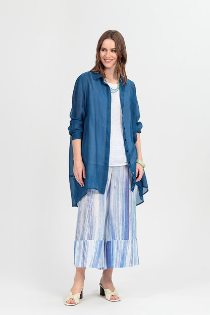 Longer Back Cobalt Blue Silk Cotton Shirt 7