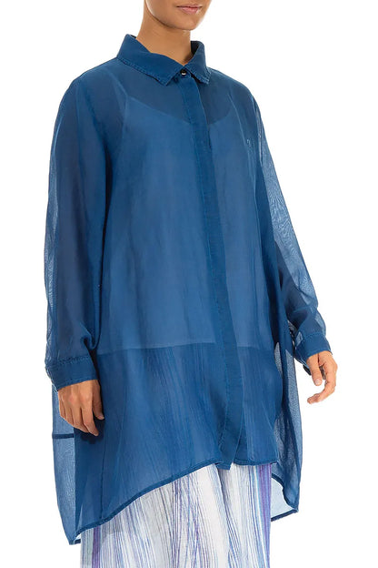 Longer Back Cobalt Blue Silk Cotton Shirt 3