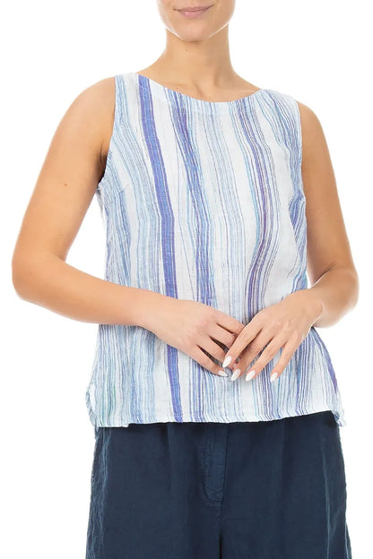 Longer Back Sleeveless Blue Wash Stripe Linen Top 3