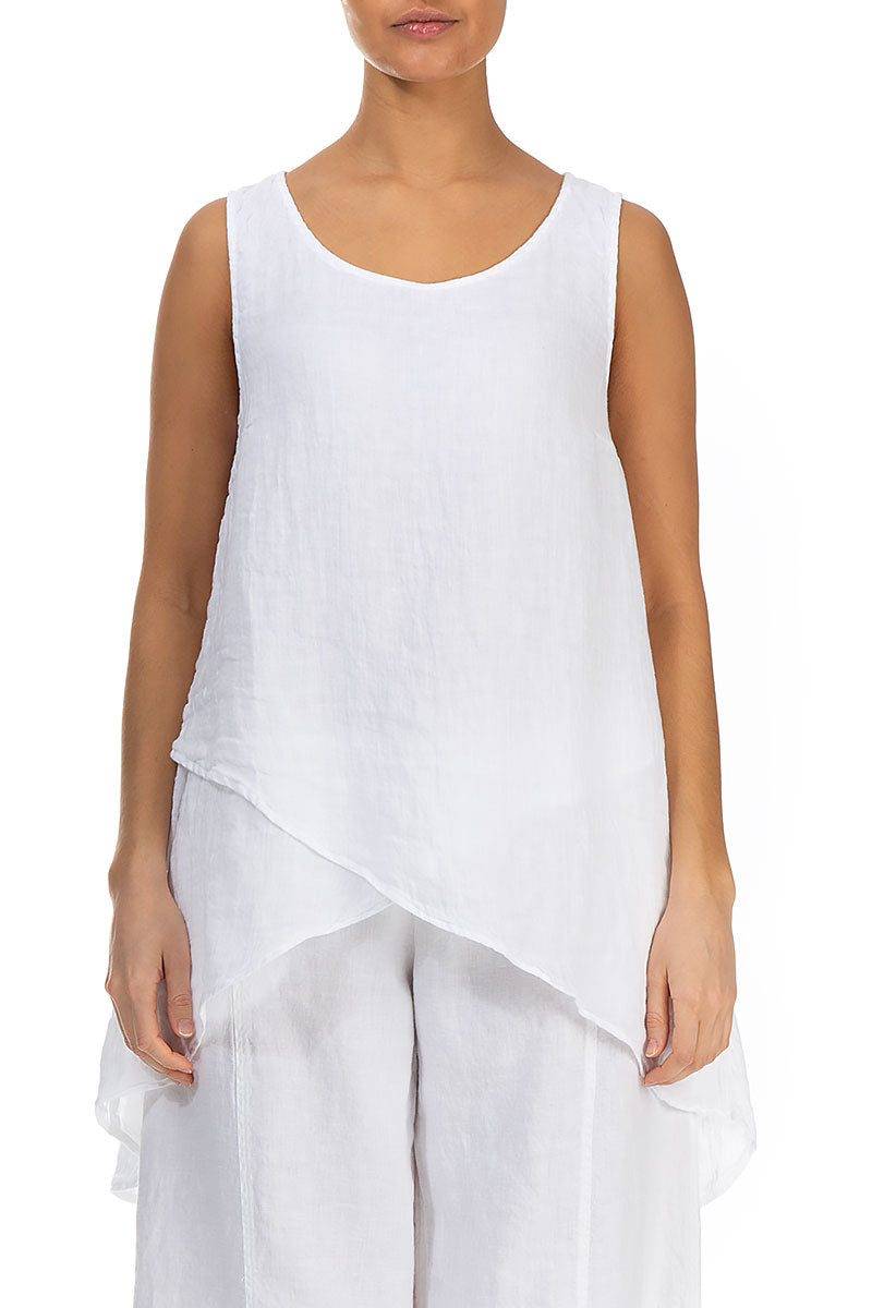 Longer Back Sleeveless White Gauze Linen Blouse 1