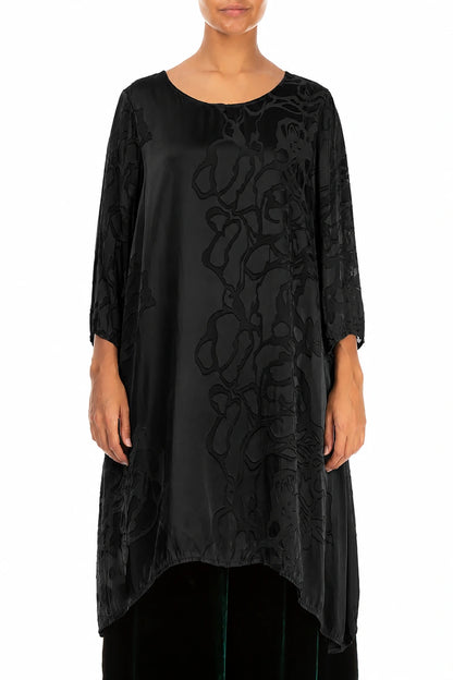 Tunique en Soie noire à motifs floraux et côtés plus longs